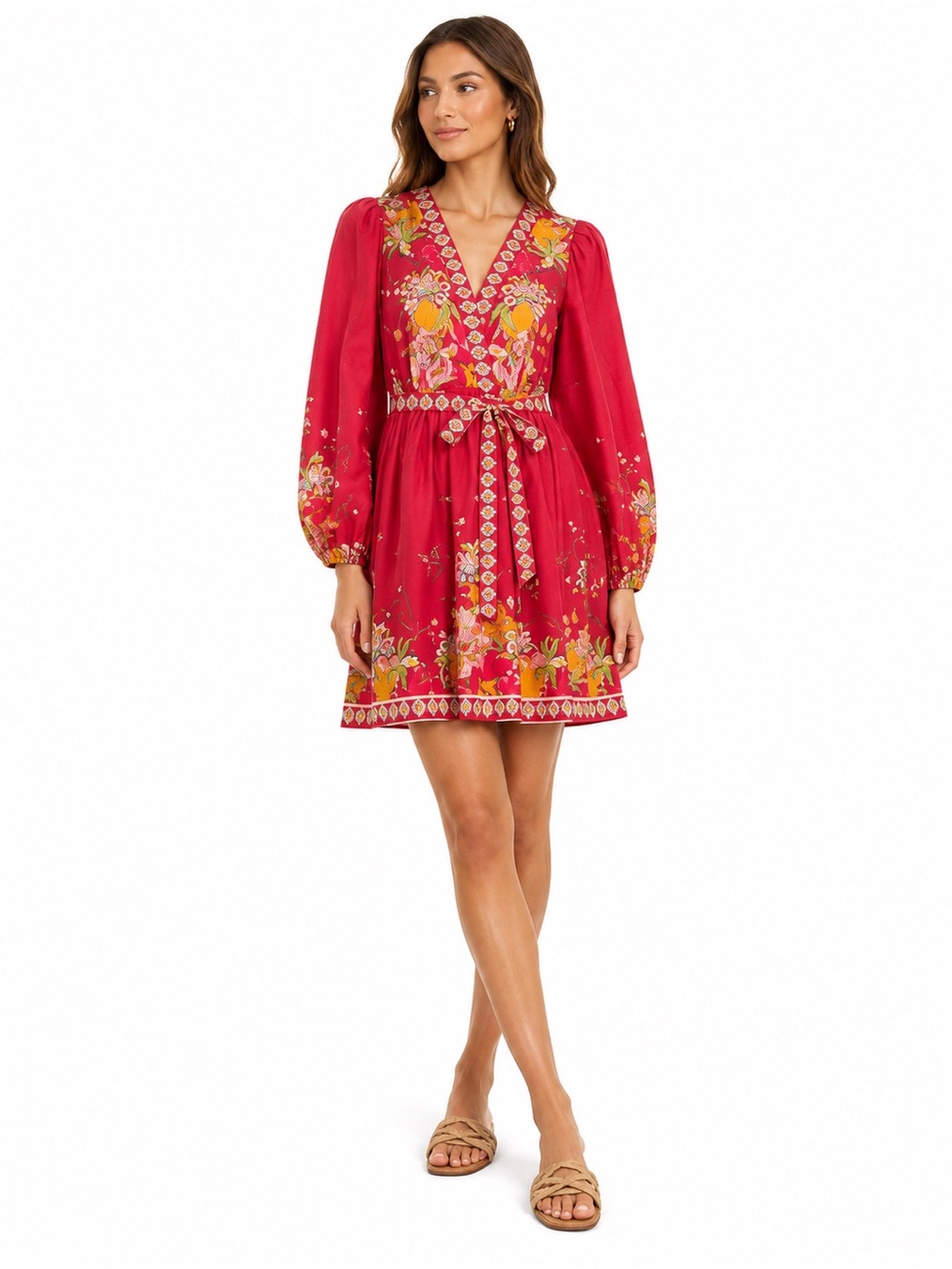 Antonio Melani Emma Floral Faux Wrap Dress Brick Beauty Long Sleeve Size 0 NWT